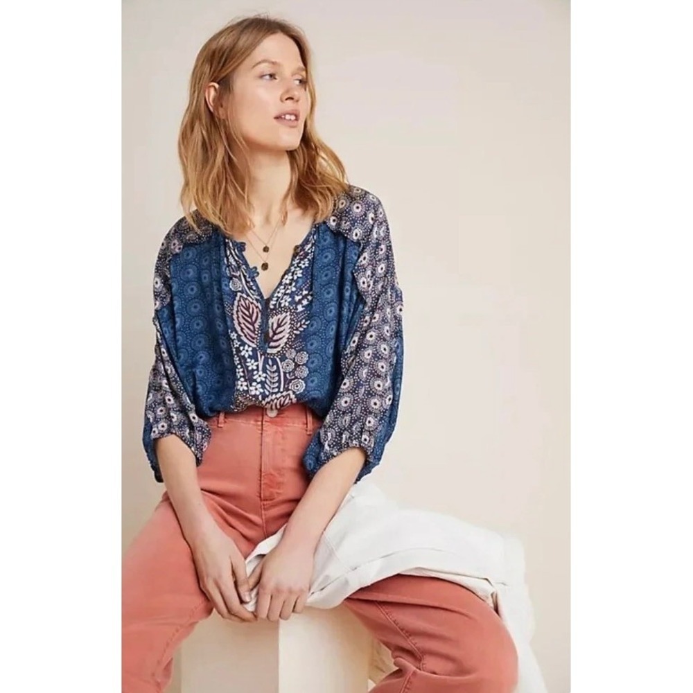 Anthropologie MAEVE Letizia Boho Print Ruffle‎ Blouse Dolman Cropped Medium